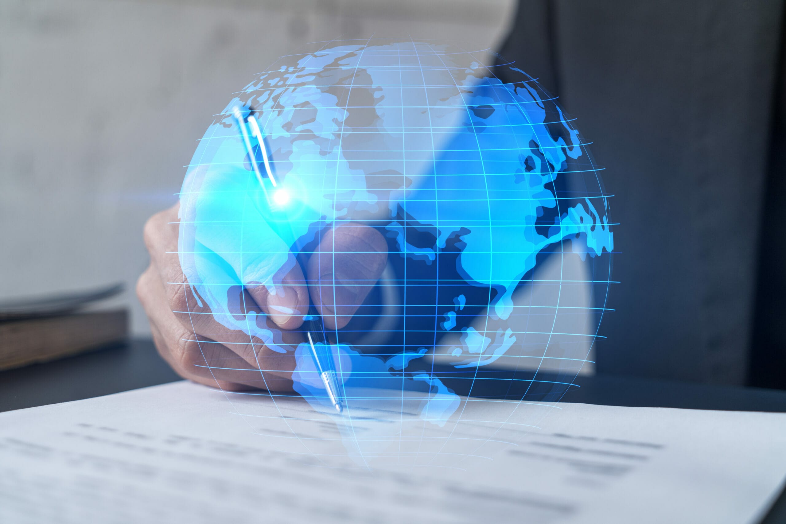 Businessman,In,Suit,Signs,Contract.,Double,Exposure,With,World,Map